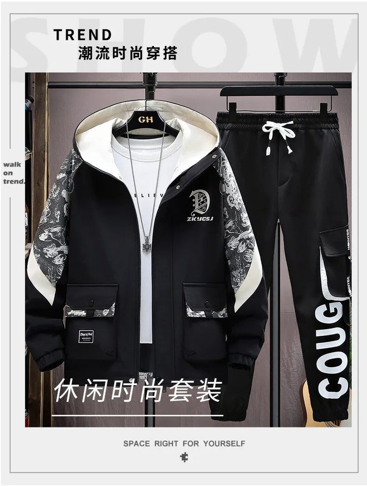 2025 Men Tracksuit Casual Joggers Hooded Sportswear Jackets Pants 2 Piece Sets Hip Hop Running Sports Suit