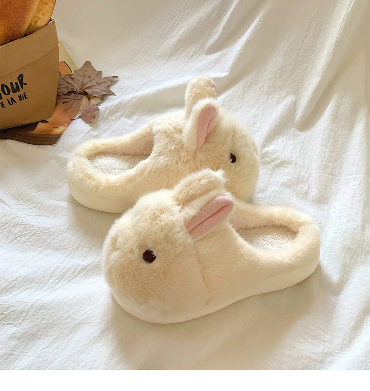 New Cute 3D Rabbit Furry Slippers Women Winter Warm Plush Closed Back House Shoes Non Slip Bunny Indoor Flip Flops Home Slipper