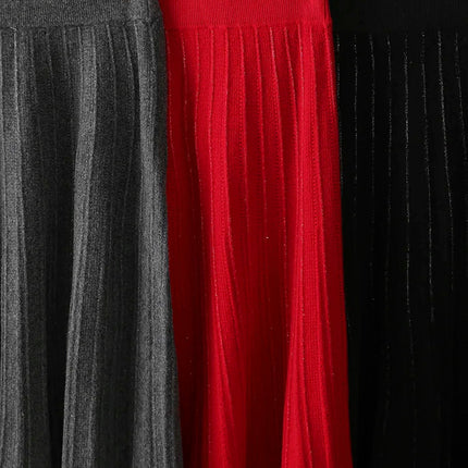 Women's Wool Skirts A-Line Pleated Cashmere Skirt Autumn Winter Elastic Waist 100% Merino Wool Knitted Bright Silk Style Dress PlatiNum
