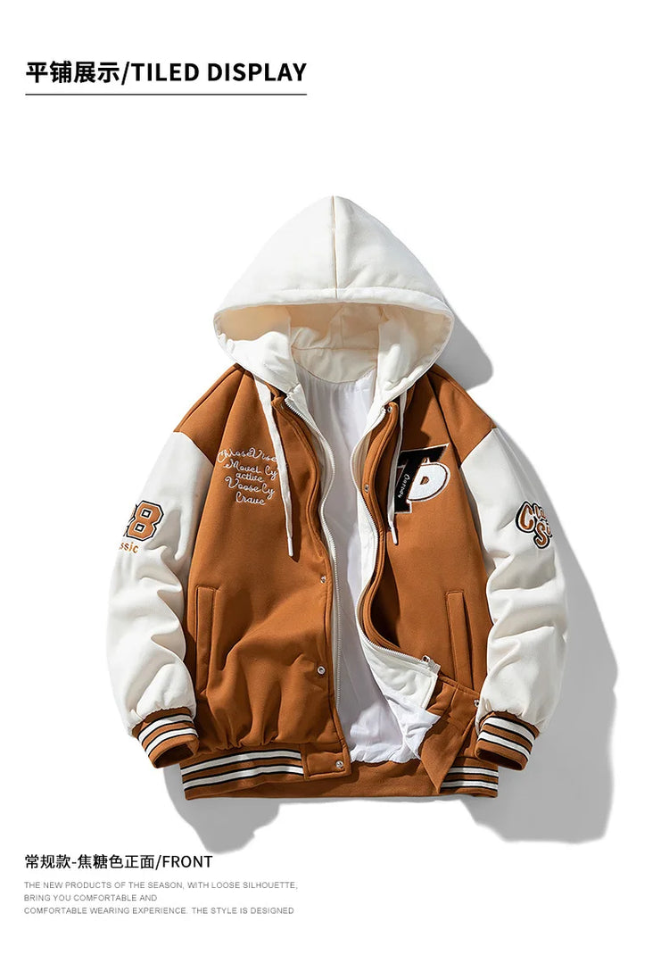 New Fashion Men Hooded Baseball Jackets Male Fake Two-piece Sweatshirt Jackets Winter Coats Quality Man Cardigan Sweatshirts 3XL