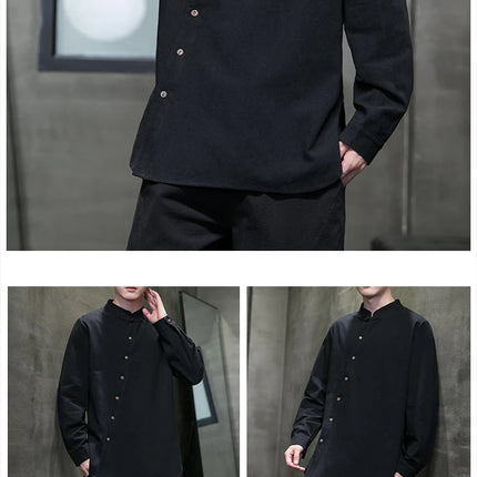 Camicie di lino in cotone Stile cinese Abito tradizionale retrò Tang Top da uomo Kung Fu Tai Chi Camicie casual a maniche lunghe in tinta unita da uomo