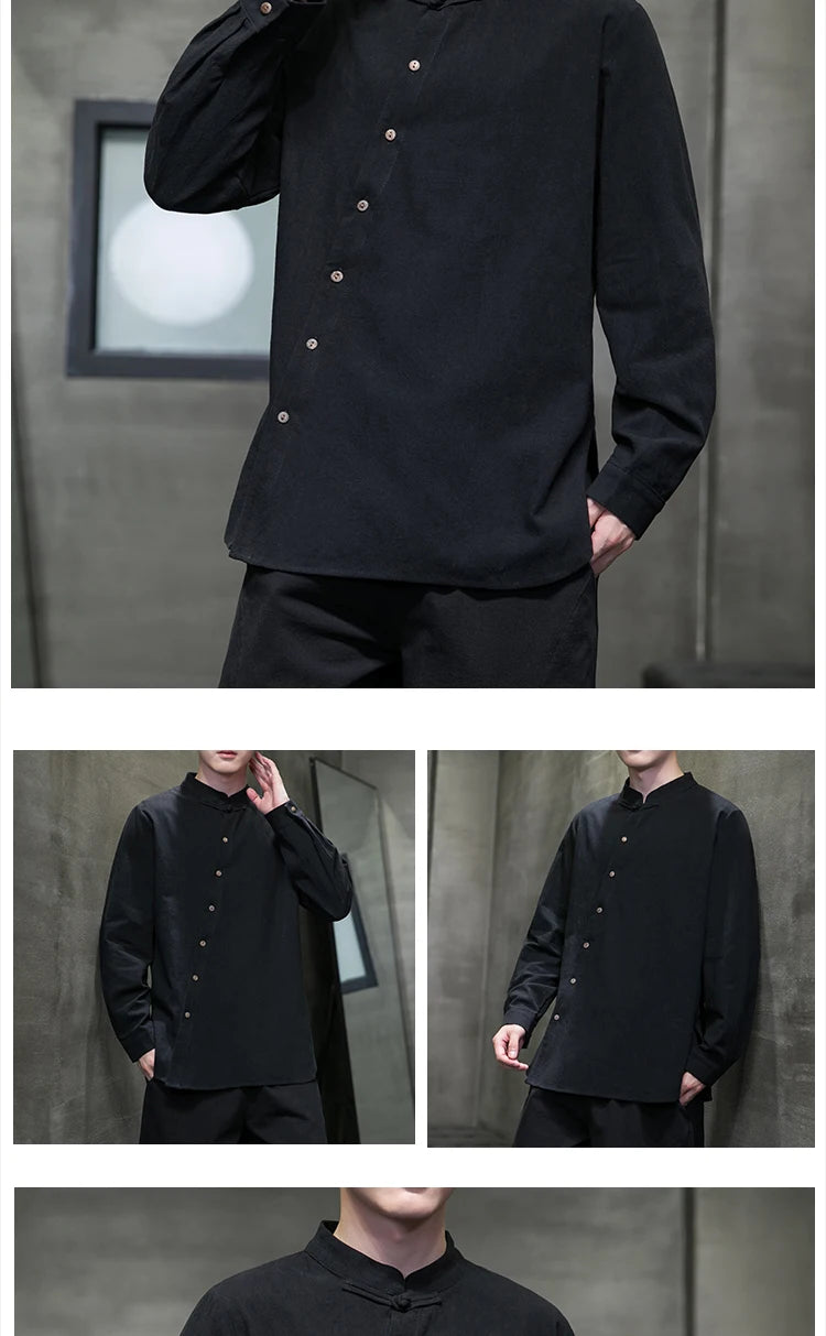 Camicie di lino in cotone Stile cinese Abito tradizionale retrò Tang Top da uomo Kung Fu Tai Chi Camicie casual a maniche lunghe in tinta unita da uomo