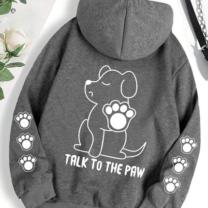 Talk To The Paw Funny Dog Cartoon Print Hoodie Women Warm Fleece Hoody Fashion Casual Hooded Autumn Loose Round Neck Woman Tops