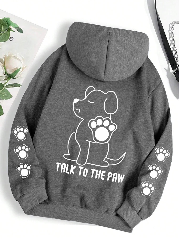 Talk To The Paw Funny Dog Cartoon Print Hoodie Women Warm Fleece Hoody Fashion Casual Hooded Autumn Loose Round Neck Woman Tops