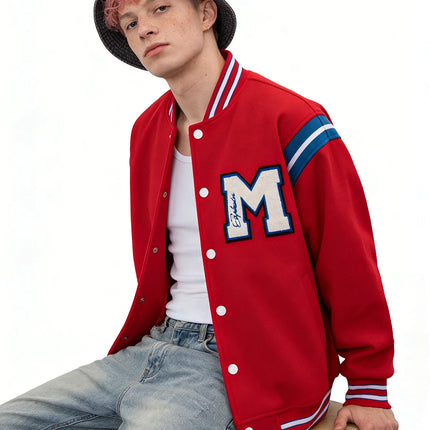 Men's Casual Letterman Jacket Varsity Baseball Coat Vintage Racing Style Streetwear Outerwear with Fine M Letter Embroidery