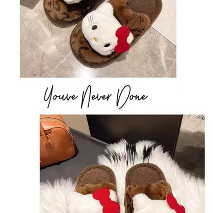 Women Cute Cartoon Cat Leopard Print Plush Slippers Warm Fuzzy Non-Slip Soft Sole Winter Indoor Bedroom Cozy House Home Shoes