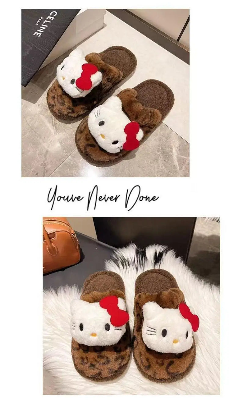 Women Cute Cartoon Cat Leopard Print Plush Slippers Warm Fuzzy Non-Slip Soft Sole Winter Indoor Bedroom Cozy House Home Shoes