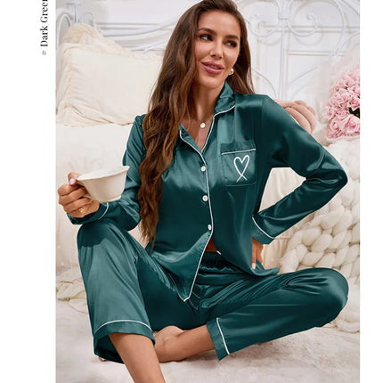 Vestiti per la casa delle donne Pigiama in raso Autunno Tasca a maniche lunghe Ricamo a forma di cuore Top e pantaloni Pigiama Femme Loungewear Pj Set
