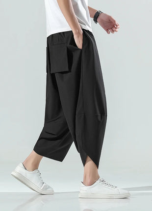 Pantaloncini Estivi da Uomo Stile Cinese Harajuku, Pantaloni Harem Oversize, Pantaloni Vintage Traspiranti a Tinta Unita, Lunghezza al Polpaccio