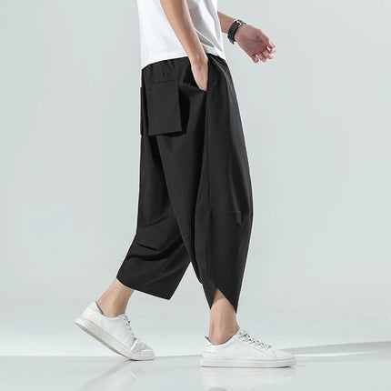 Pantaloncini Estivi da Uomo Stile Cinese Harajuku, Pantaloni Harem Oversize, Pantaloni Vintage Traspiranti a Tinta Unita, Lunghezza al Polpaccio