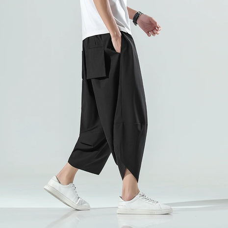 Pantaloncini Estivi da Uomo Stile Cinese Harajuku, Pantaloni Harem Oversize, Pantaloni Vintage Traspiranti a Tinta Unita, Lunghezza al Polpaccio