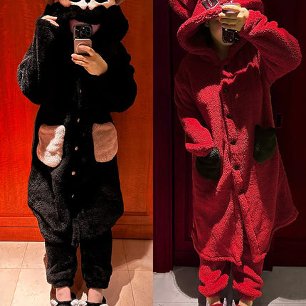 Virtual Alice Dark Gothic Demon Death Skull Horned Hooded Robe Thickened Coral Fleece Winter Warm Long Sleepwear Loungewear