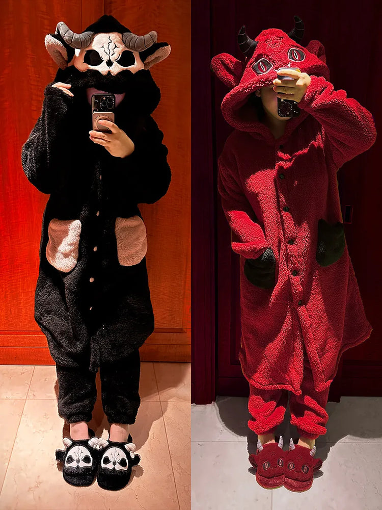 Virtual Alice Dark Gothic Demon Death Skull Horned Hooded Robe Thickened Coral Fleece Winter Warm Long Sleepwear Loungewear