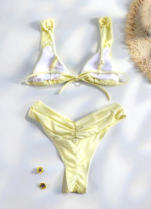 Set Bikini Sexy con Pieghe, Micro Bikini Tinta Unita, Costume da Bagno Femminile a Triangolo, Abbigliamento da Spiaggia platinumshop