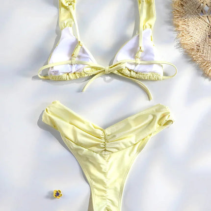 Set Bikini Sexy con Pieghe, Micro Bikini Tinta Unita, Costume da Bagno Femminile a Triangolo, Abbigliamento da Spiaggia platinumshop