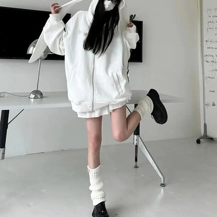 2026 Autumn Kawaii Bunny Big Extra Ears Hoodie Long Sleeve Hooded Sweatshirt Y2K Style Fashion Rabbit Oversized Zip-up Hoodies