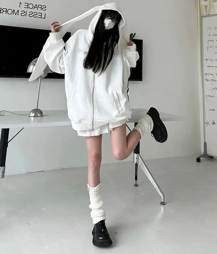 2026 Autumn Kawaii Bunny Big Extra Ears Hoodie Long Sleeve Hooded Sweatshirt Y2K Style Fashion Rabbit Oversized Zip-up Hoodies