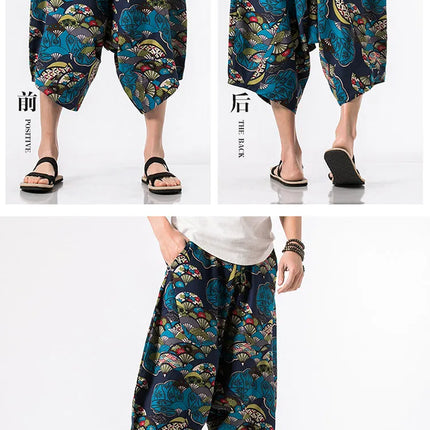 Pantaloncini Estivi Harajuku Larghi con Stampa, Traspiranti, Casual, Lunghezza al Polpaccio, Nuovi Pantaloni da Uomo in Cotone e Lino Oversize Stile Lanterna