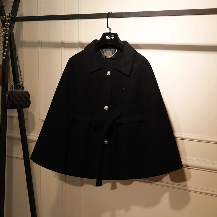French Elegant temperament Wool Jacket Lapel Sleeveless Single-Breasted Lace-up Bow Casual Short Capes Women Autumn Cloak Coat