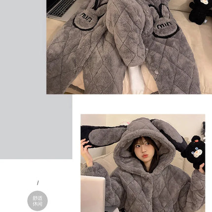 Women Winter Thickened Fleece Bathrobe Can Be Worn Outside Girls Student Hoodie Loose Pajama Two-piece Set Lady Warm Loungewear
