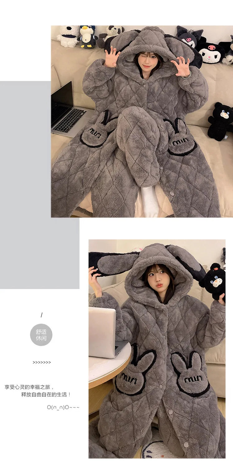 Women Winter Thickened Fleece Bathrobe Can Be Worn Outside Girls Student Hoodie Loose Pajama Two-piece Set Lady Warm Loungewear