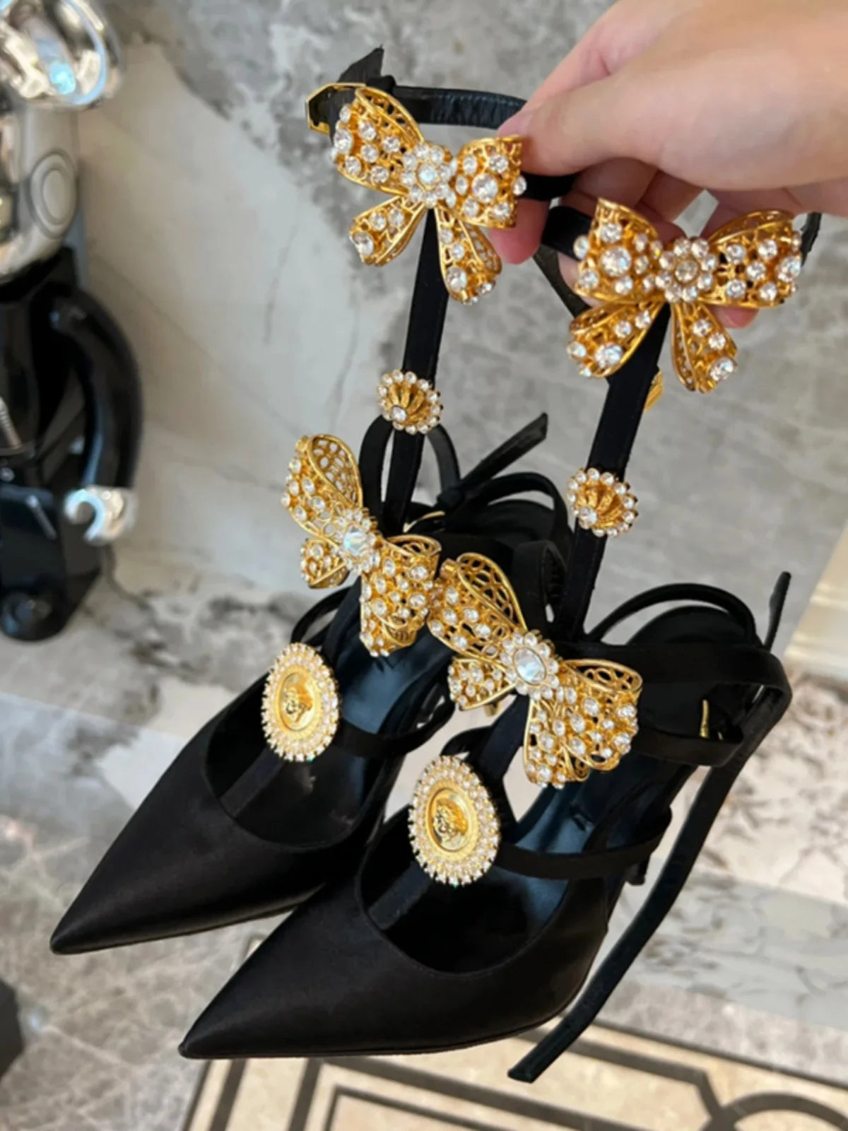 Sex Pointed Toe Bow-knot Female Pumps Crystal Fine Heels Women Sandals Buckle Strap Stiletto Lady Dress Shoes Zapatos Mujer