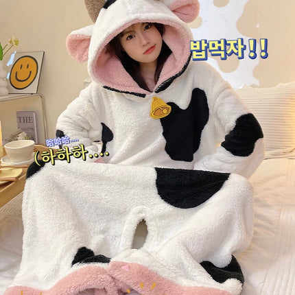 Women Onesie Kigurumis Cow Pajamas Adult Female Winter Sleepwear Zipper Hooded  Jumpsuits Thick Soft Warm Fleece Pijama Mujer