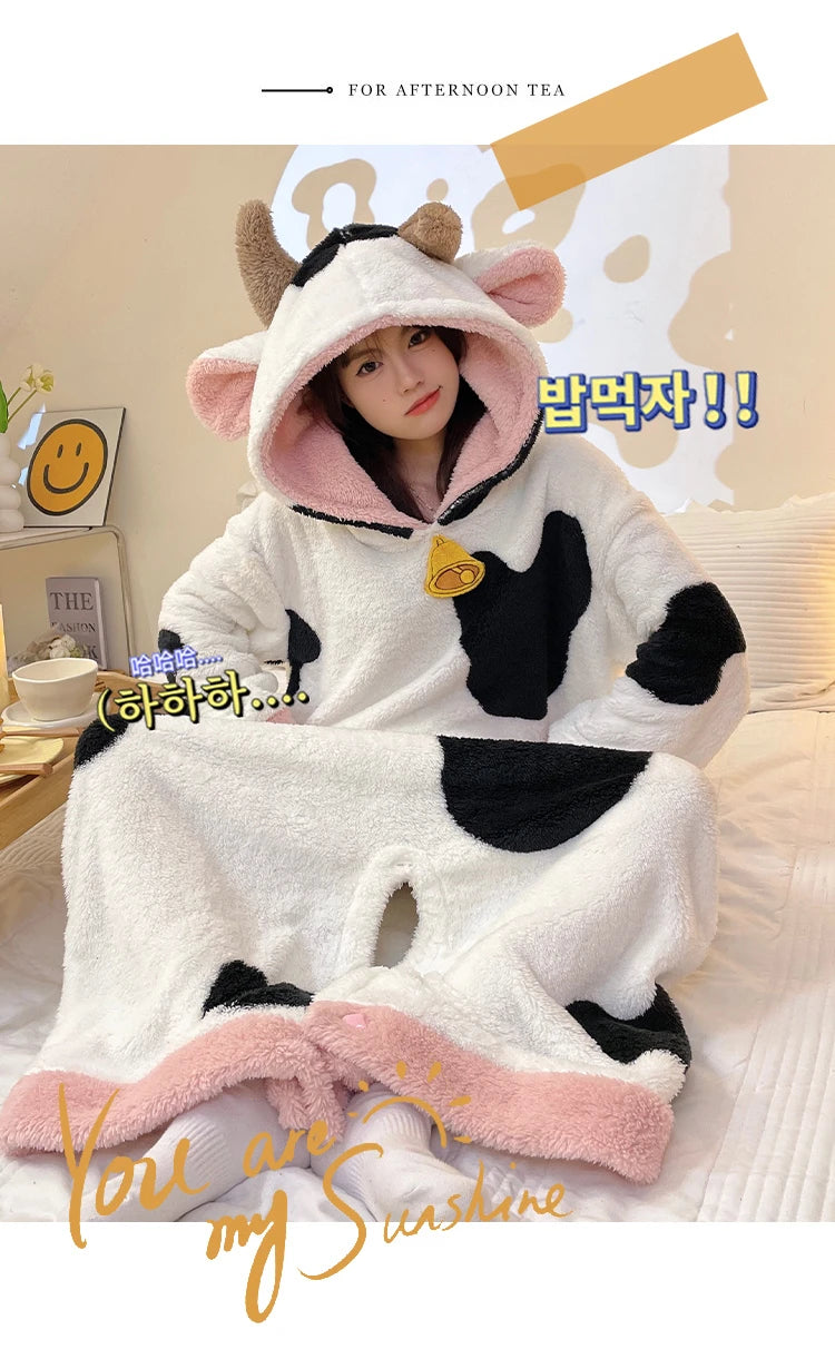 Women Onesie Kigurumis Cow Pajamas Adult Female Winter Sleepwear Zipper Hooded  Jumpsuits Thick Soft Warm Fleece Pijama Mujer