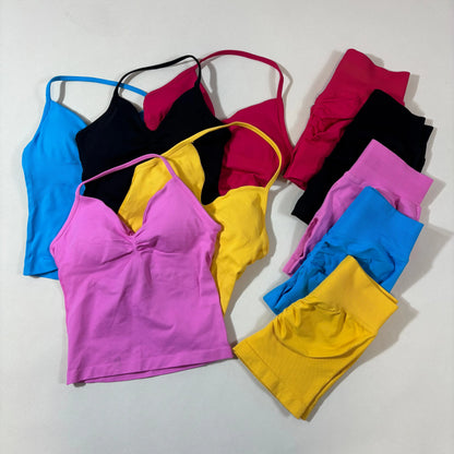 Yoga 2pcs Impact Gym Set Women Backless Tank Tops High Waist Scrunch Seamless Shorts Fitness Clothes Activewear Workout Sets