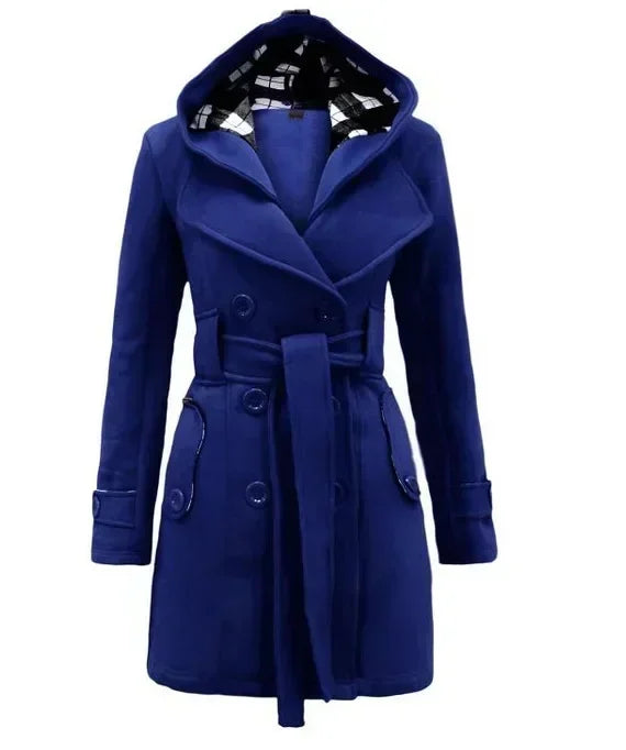 2026 Autumn Women's Hooded Overcoat Trend Double-Breasted Design Belt Side Pockets Plaid Splice Woolen Coats Winter Jacket Femme