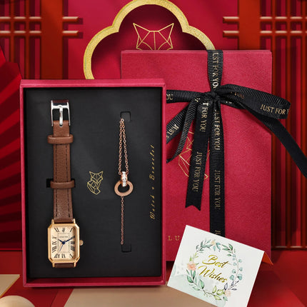 LUCKY FOX 2 pezzi confezione regalo di lusso leggera set braccialetto orologio orologio al quarzo quadrato da donna semplice e alla moda regalo del festival Reloj platinumshop