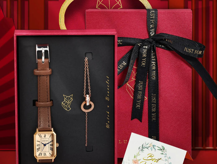 LUCKY FOX 2 pezzi confezione regalo di lusso leggera set braccialetto orologio orologio al quarzo quadrato da donna semplice e alla moda regalo del festival Reloj platinumshop