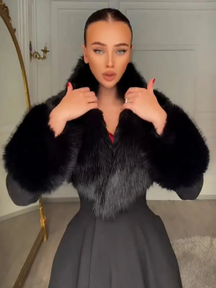Women Elegant Long Wool Blend Coat Faux Fur Big Collar Cuff Cinched Waist Flare A‑line Maxi Coat Retro Party Outerwear Overcoat