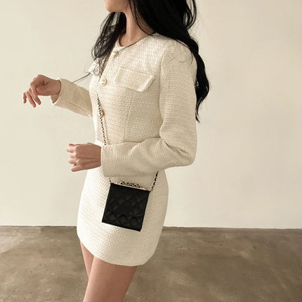 Women Tweed 2 Two Piece Sets Long Sleeve Pearl Buttons Short Jacket and A-line Mini Skirt Set Fall Winter Women Outfits