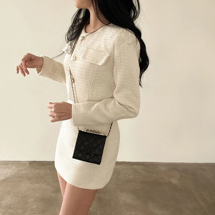 Women Tweed 2 Two Piece Sets Long Sleeve Pearl Buttons Short Jacket and A-line Mini Skirt Set Fall Winter Women Outfits