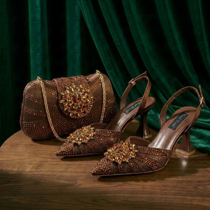 Zapatos y Bolso Nuevos de Diseño Italiano Azules con Diamantes de Imitación, Tacón Alto, Estilo de Moda, Zapatos de Tacón para Máxima Comodidad, Zapatos de Mujer