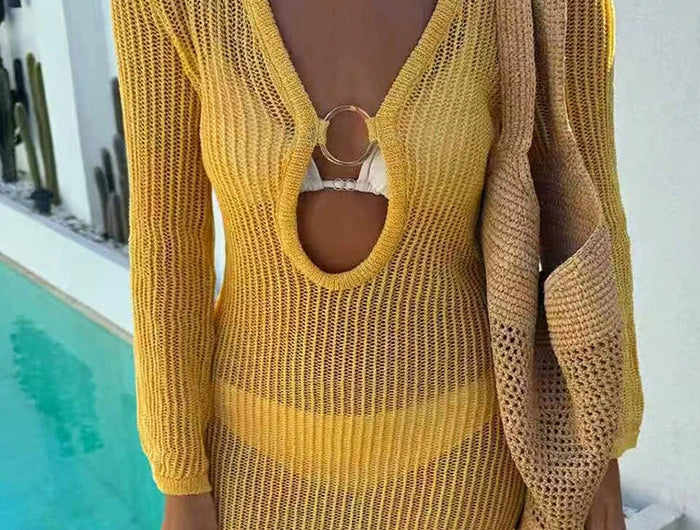 Elegante Abito in Maglia a Maniche Lunghe con Scollo a V, Mini Abito con Texture Circolare Traforata, Vestito Casual Aderente per Feste platinumshop