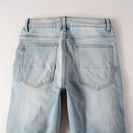 High Street Jeans Patch Hand-worn Holes Slim Skinny Jeans for Men PlatiNum