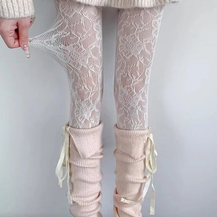Sexy Floral Fishnet Long Socks, Transparent Jacquard Lace Thin Tights, Sweet Japanese Style, Purple/Pink Lolita JK Fishnet Stockings