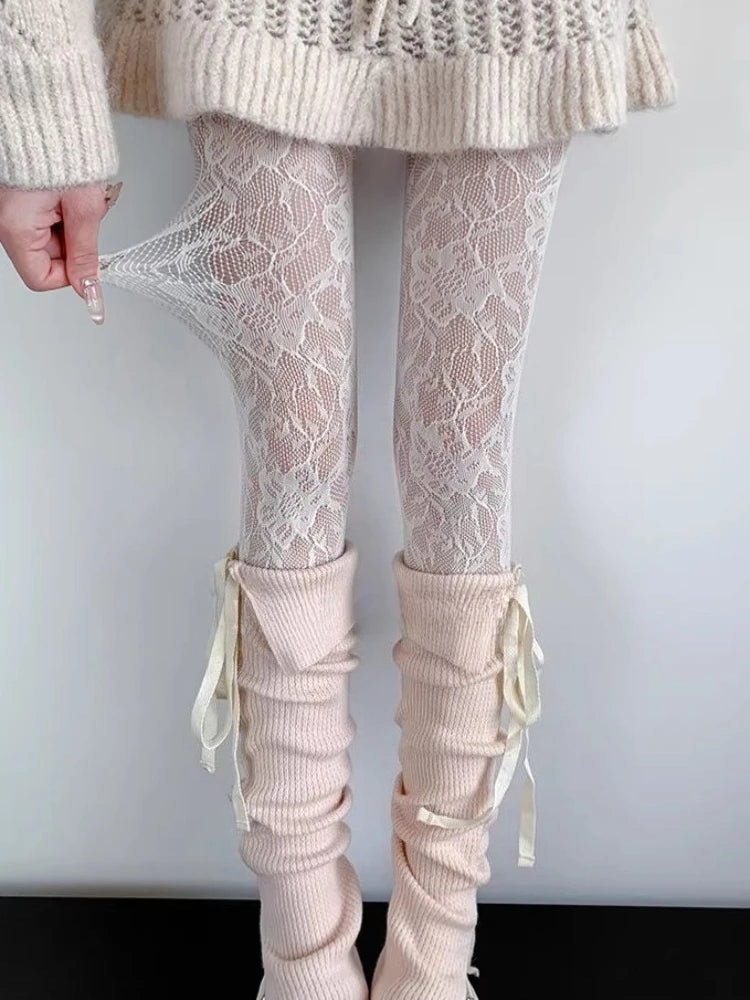 Calze Lunghe a Rete Floreali Sexy, Collant Sottili in Pizzo Jacquard Trasparente, Stile Giapponese Dolce, Calze a Rete Lolita JK Viola/Rosa