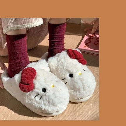 San-Rio Cute Girls Plush Slippers Cartoon Hello Kitty Winter Women Warm Cotton Shoes Female Kawaii Home Thick Sole Shoes Outdoor