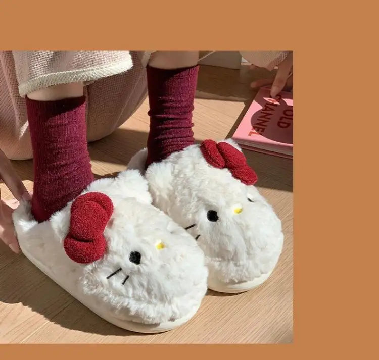 San-Rio Cute Girls Plush Slippers Cartoon Hello Kitty Winter Women Warm Cotton Shoes Female Kawaii Home Thick Sole Shoes Outdoor
