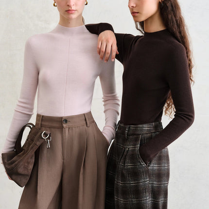 FSLE【Premium Series】German Biella Wool Autumn Super Fine Washable Seamless One-Piece Mock Neck Thermal Base Layer Shirt Women PlatiNum