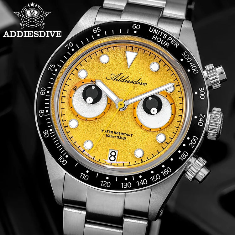 ADDIESDIVE VK64 Quartz Wristwatch Ceramic Bezel Chronograph Calendar Luxury Wristwatches Eyes Dial Bubble Mirror Glass Watches