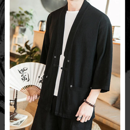 Kimono Camicia da uomo Samurai giapponese Cardigan tinta unita retrò Stile cinese Cotone Lino Yukata Haori Cappotto da uomo allentato Streetwear