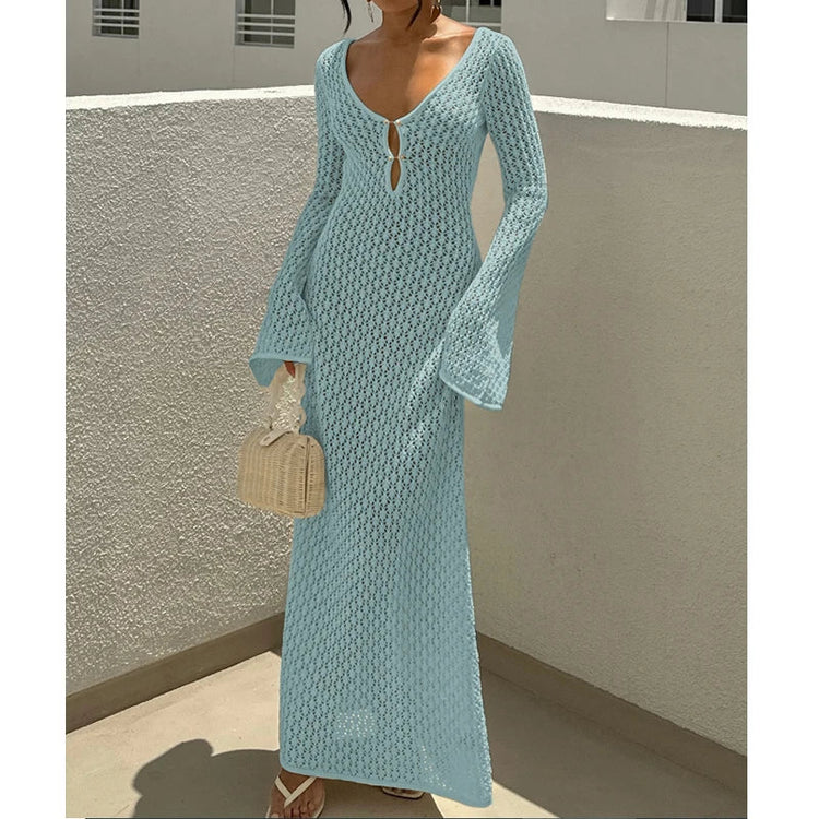 Nuovo stile lavorato a maglia scava fuori scollo a V abito a maniche lunghe da donna vacanza al mare bikini senza schienale copricostume protezione solare abito lungo platinumshop