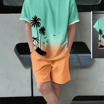 Men's Short Sleeve Gradient Print Shorts Set Fashion Hawaiian Men's Set Casual Summer Men's T-shirt Outdoor Beach Men's Shorts