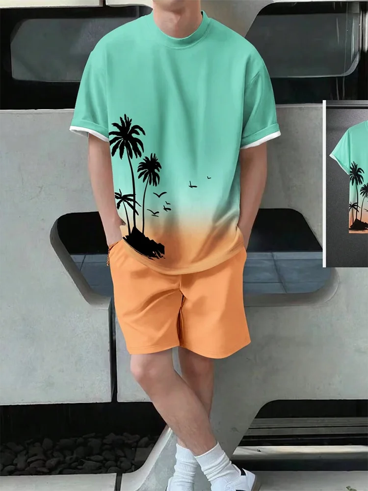 Pantaloncini a maniche corte da uomo con stampa sfumata Set Set di moda da uomo hawaiano T-shirt casual da uomo estiva Pantaloncini da uomo da spiaggia all'aperto