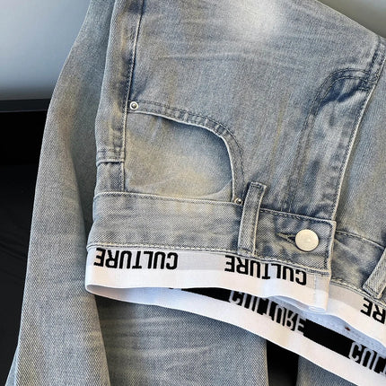 Jeans Vintage Americani Strappati e Patchwork per Donna, Blu Chiaro, Vita Alta, Gamba Larga, Pantaloni in Denim per Primavera e Autunno