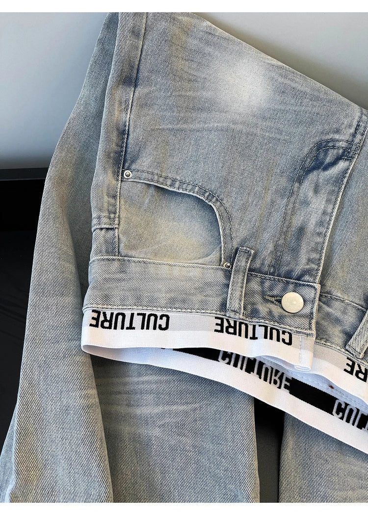 Jeans Vintage Americani Strappati e Patchwork per Donna, Blu Chiaro, Vita Alta, Gamba Larga, Pantaloni in Denim per Primavera e Autunno